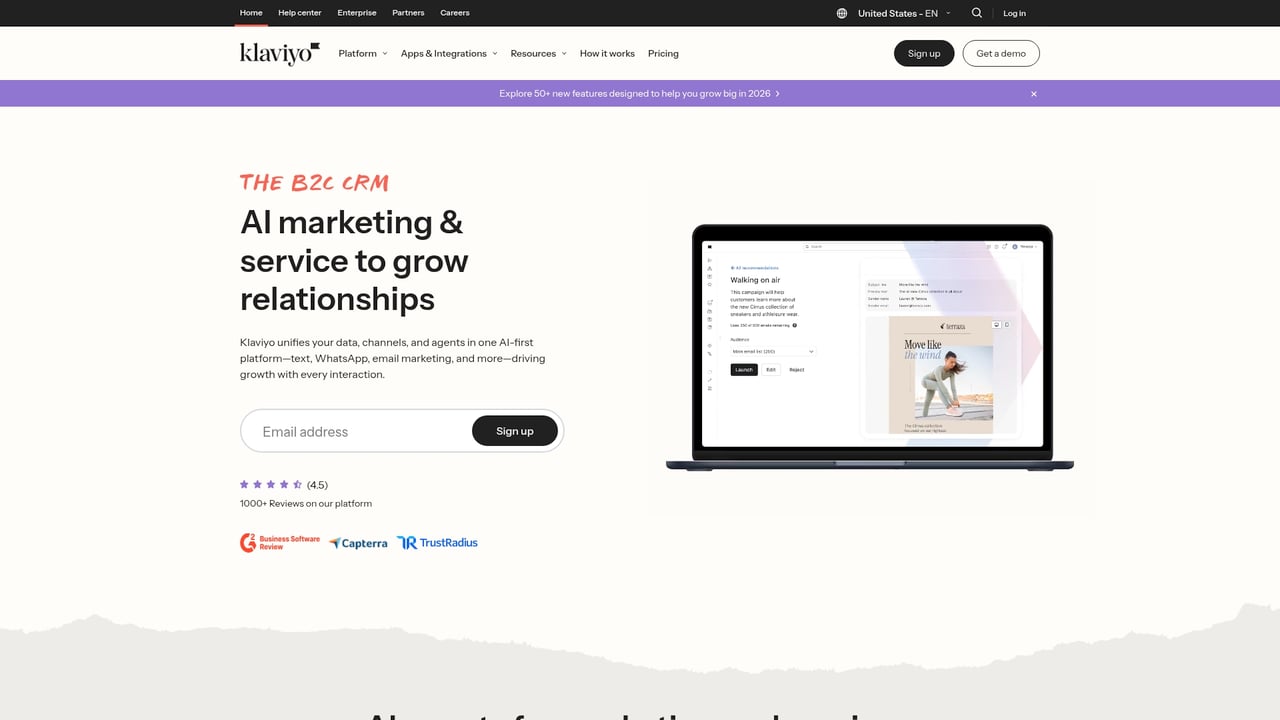 Screenshot of Klaviyo website