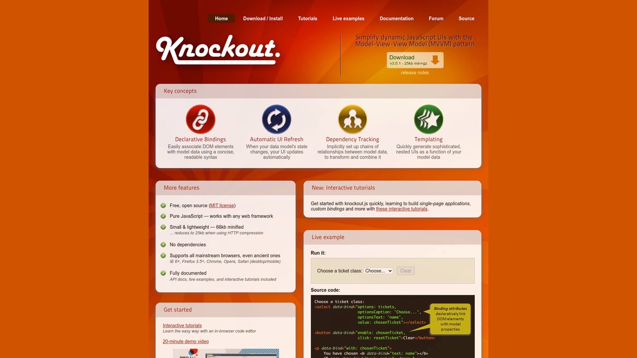 Screenshot of Knockout.js website
