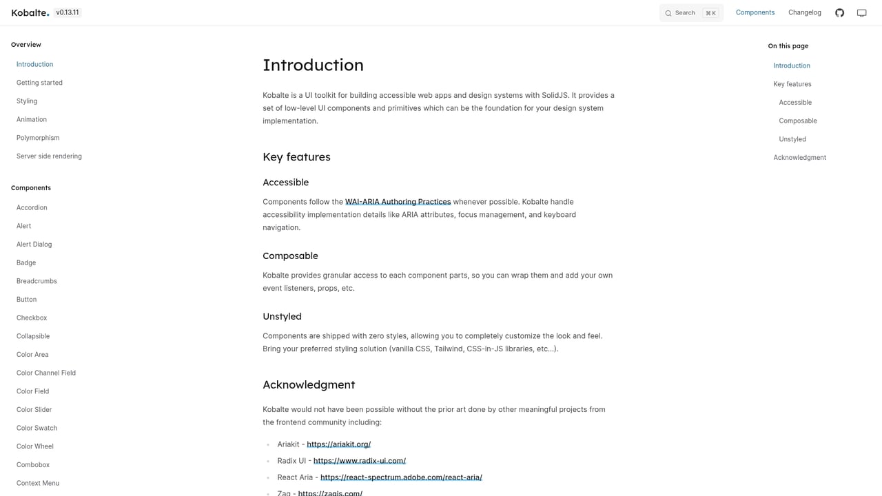 Screenshot of Kobalte website