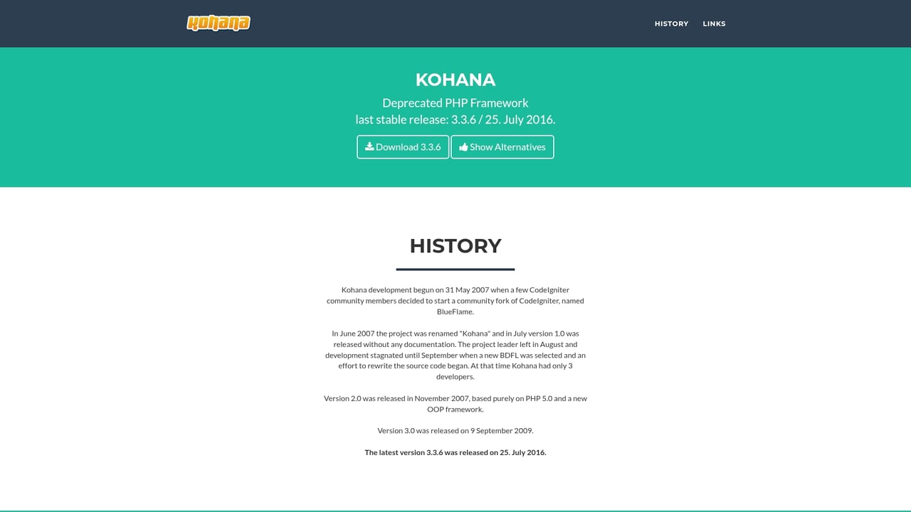 Screenshot of Kohana website