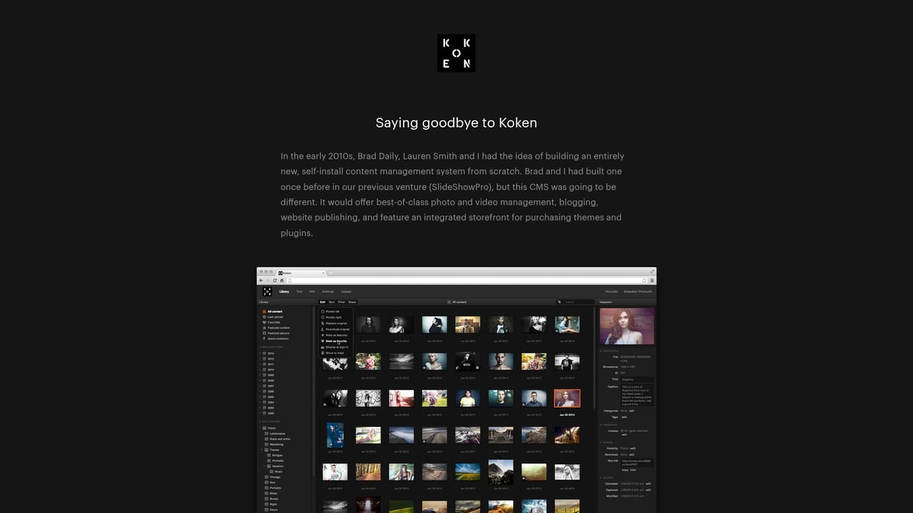 Screenshot of Koken website