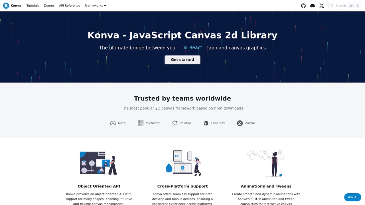 Screenshot of Konva.js website