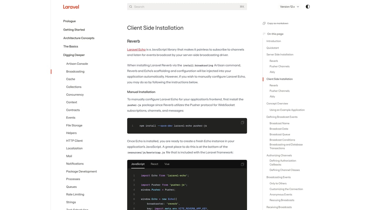 Screenshot of Laravel Echo website