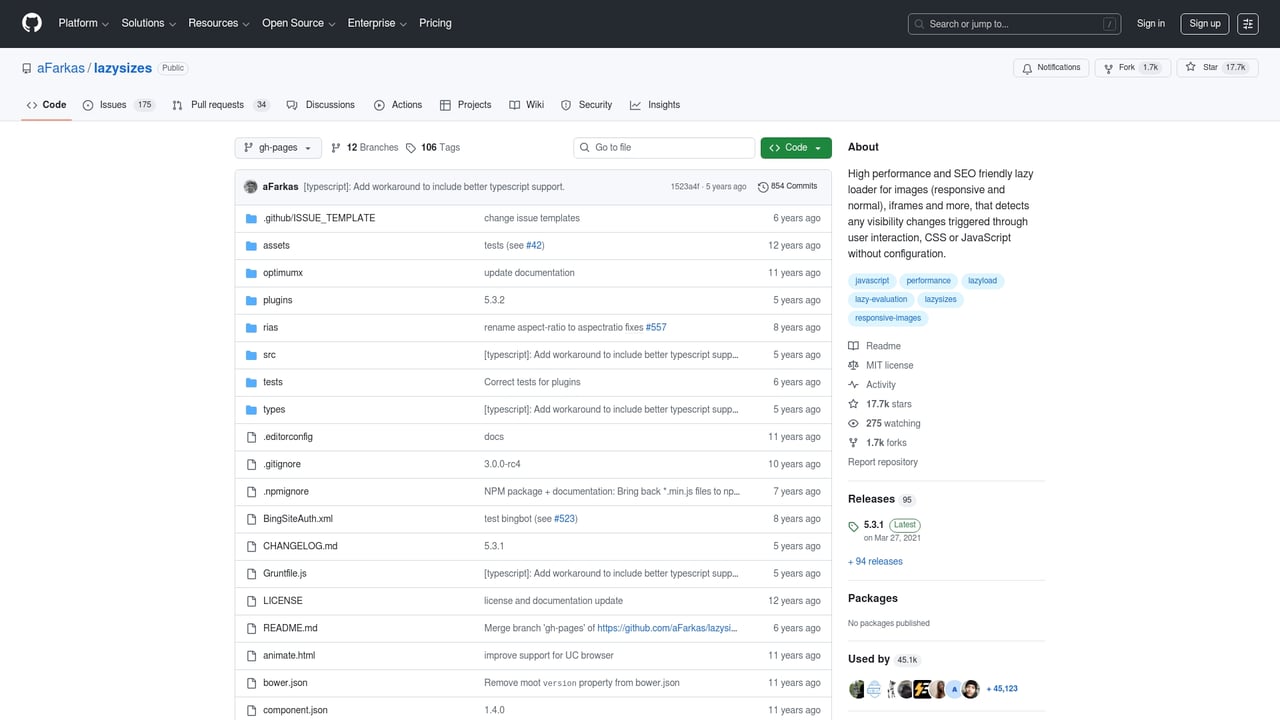 Screenshot of LazySizes website