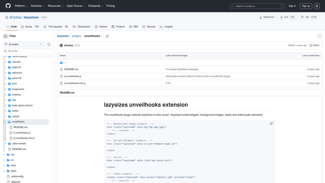 Screenshot of LazySizes unveilhooks plugin website