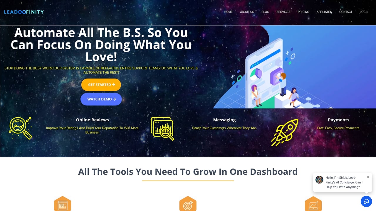 Screenshot of Lead-Finity Webchat website