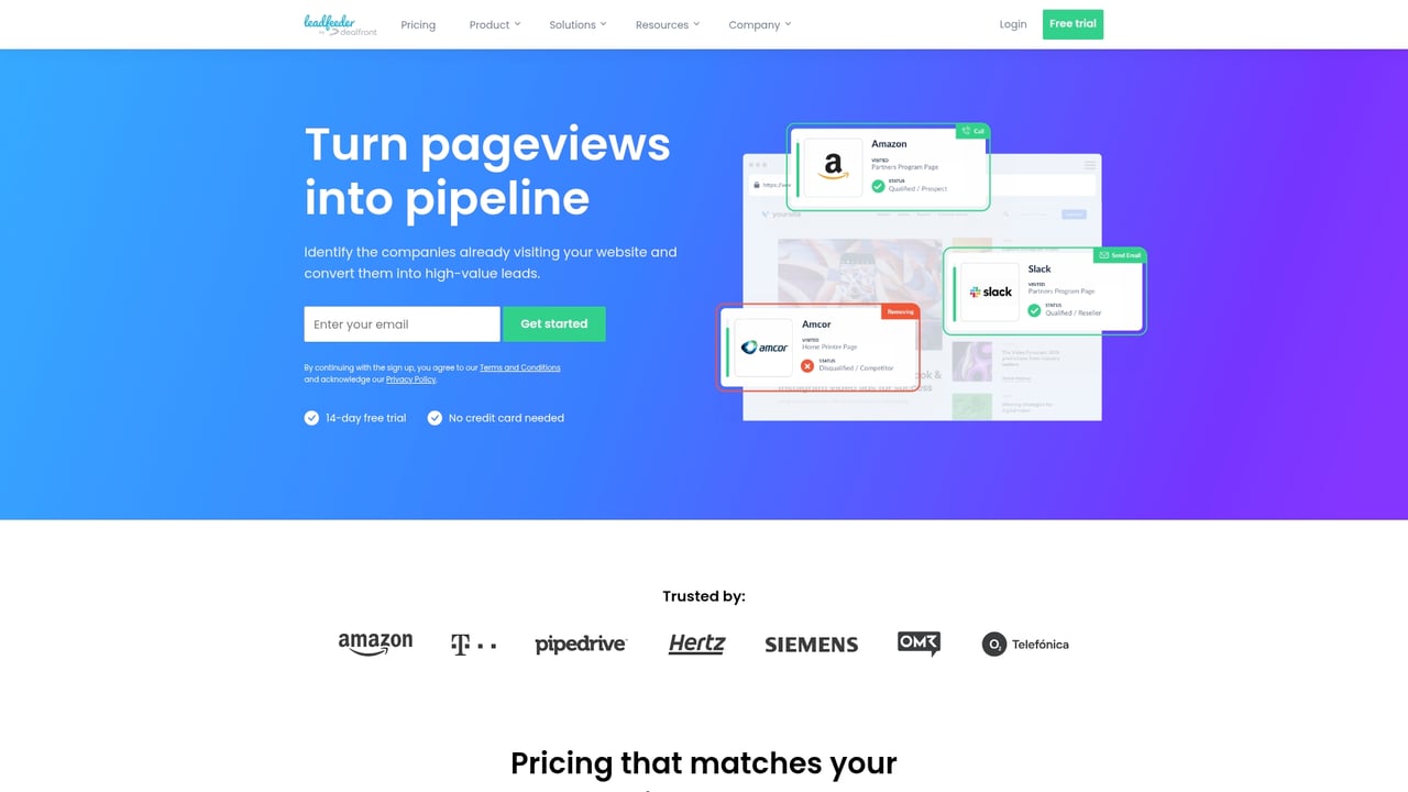 Screenshot of Leadfeeder website