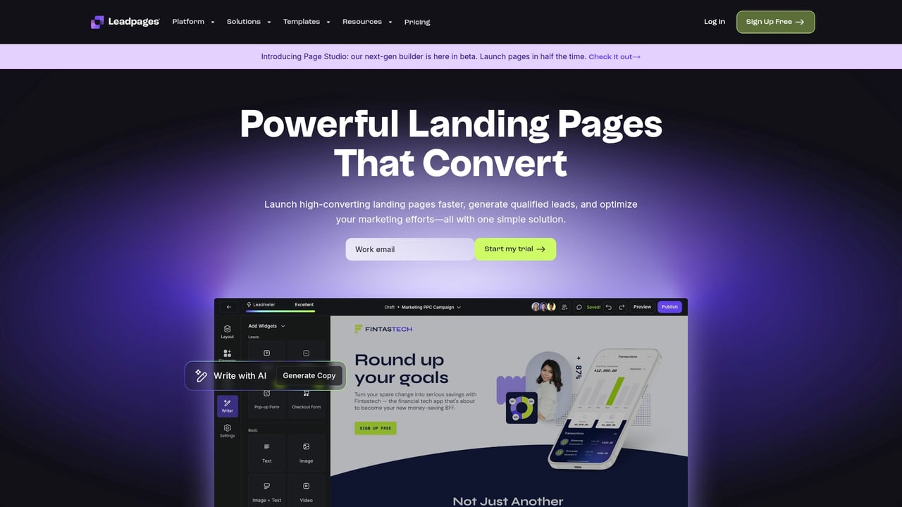 Screenshot of LeadPages website