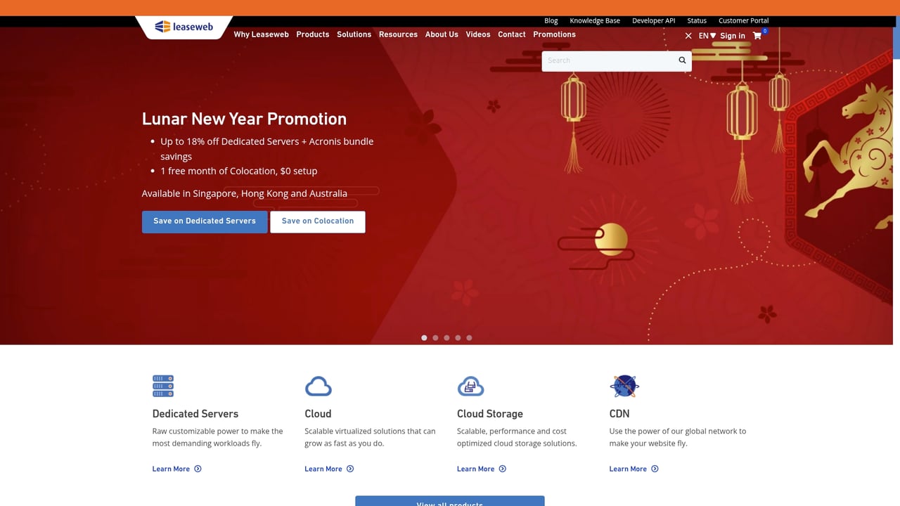 Screenshot of Leaseweb website