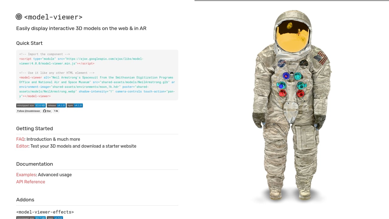Screenshot of <model-viewer> website