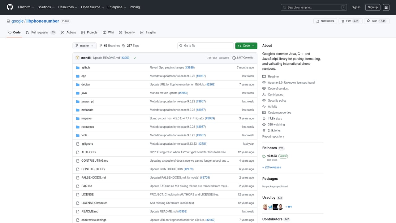 Screenshot of libphonenumber website