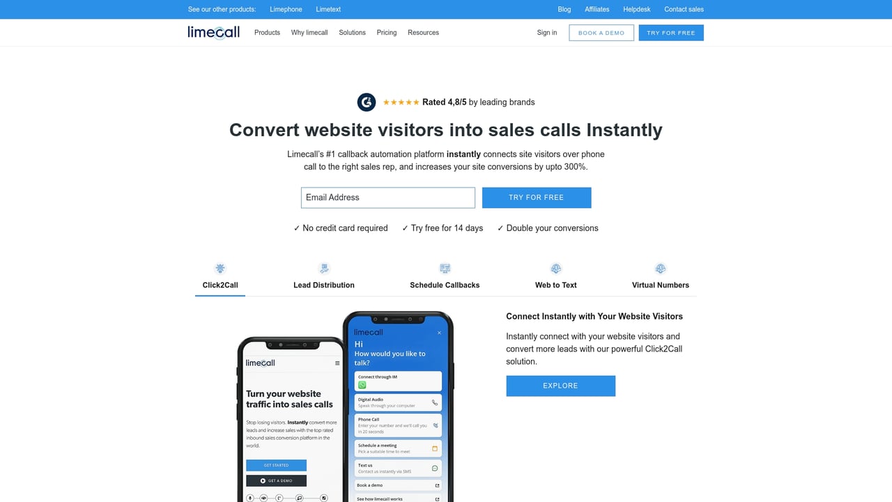 Screenshot of Limecall website
