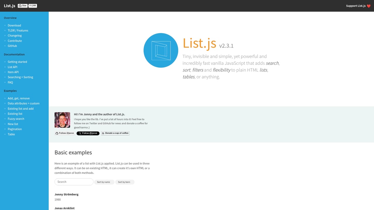 Screenshot of List.js website
