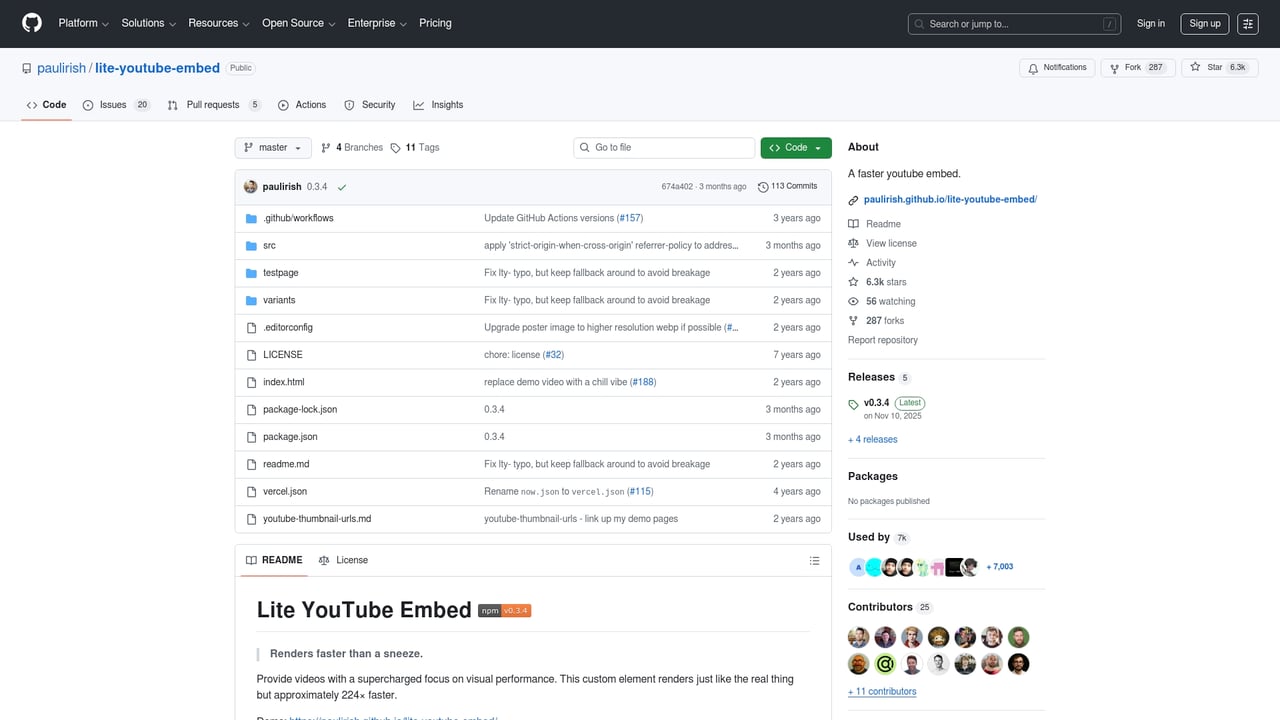 Screenshot of lite-youtube-embed website