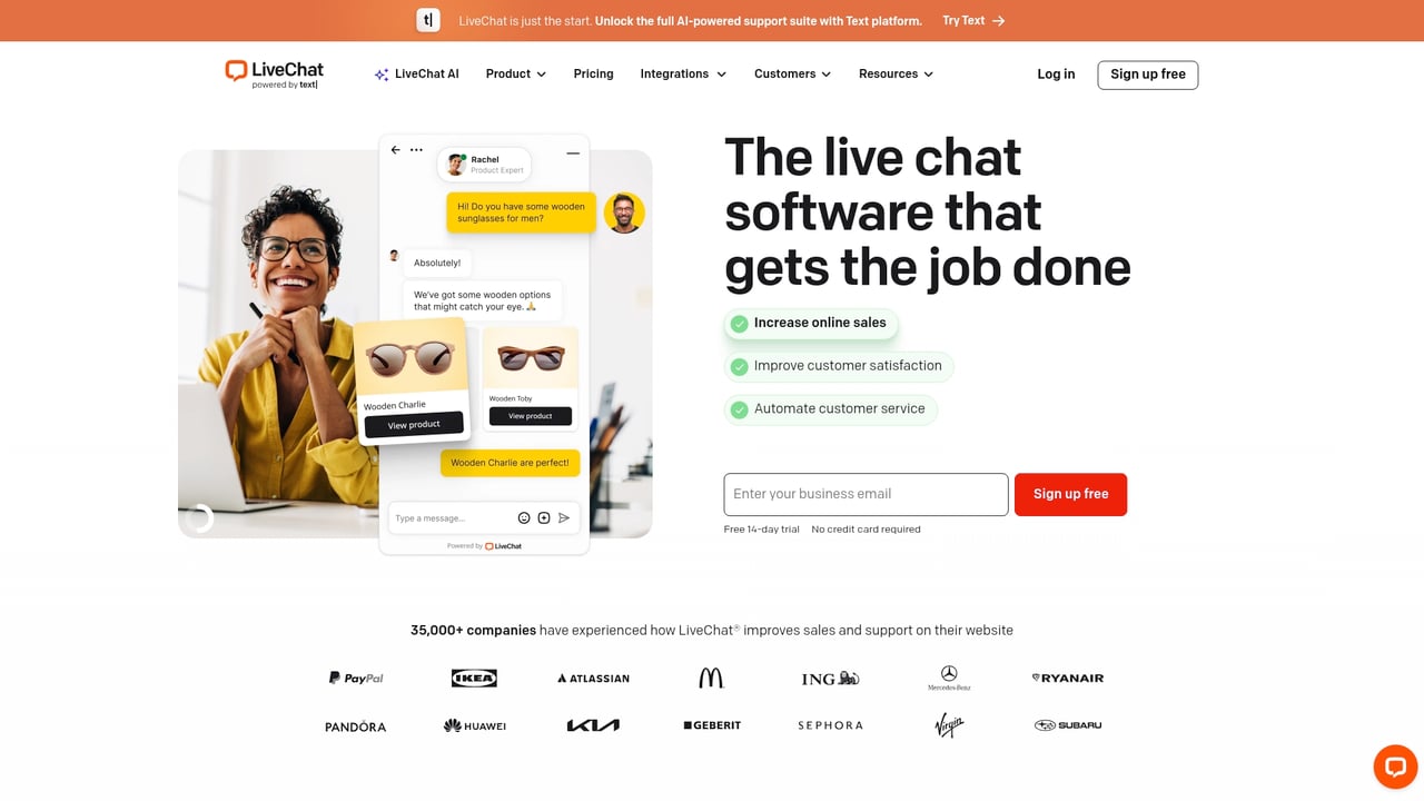 Screenshot of LiveChat website