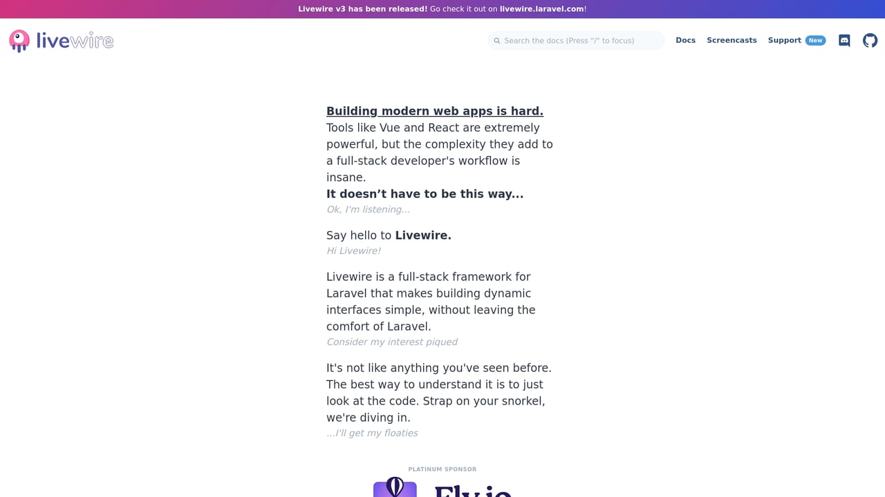 Screenshot of Livewire website