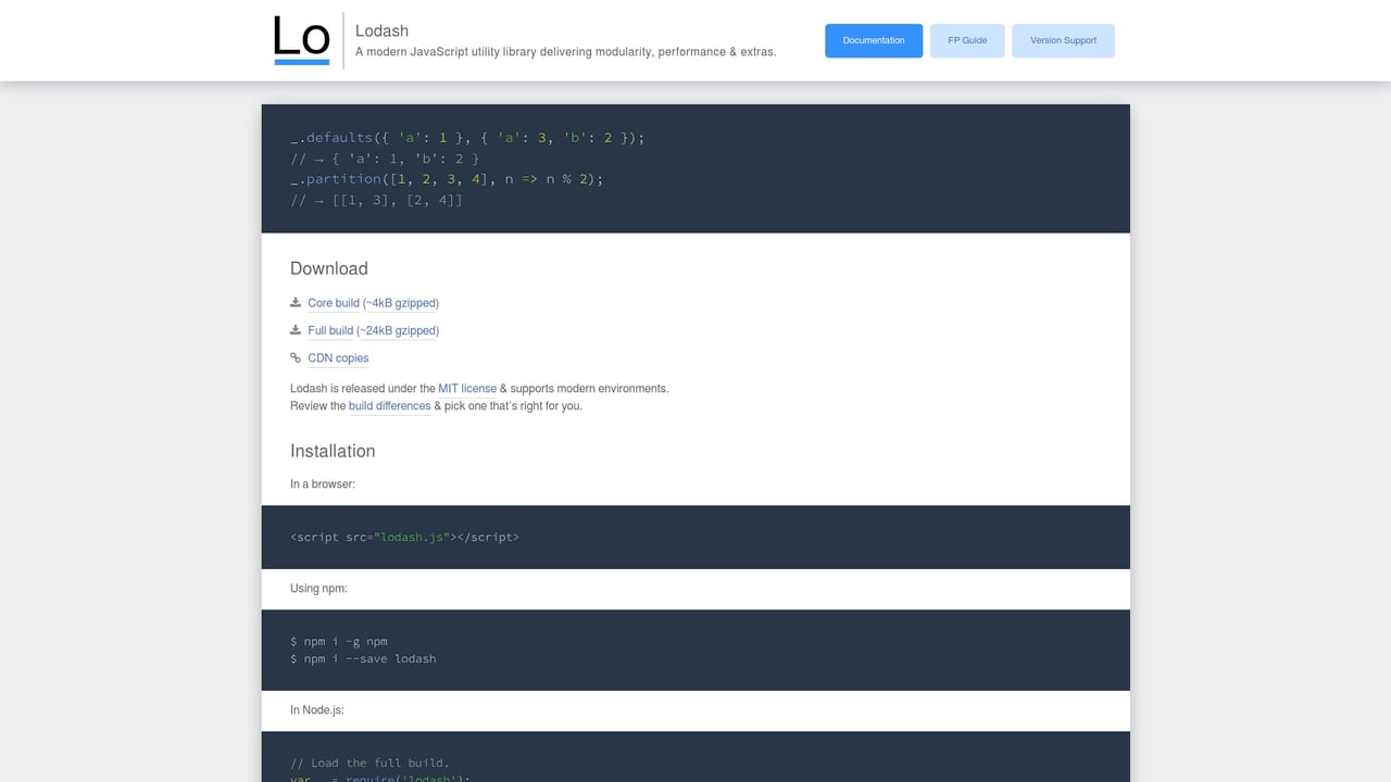 Screenshot of Lodash website