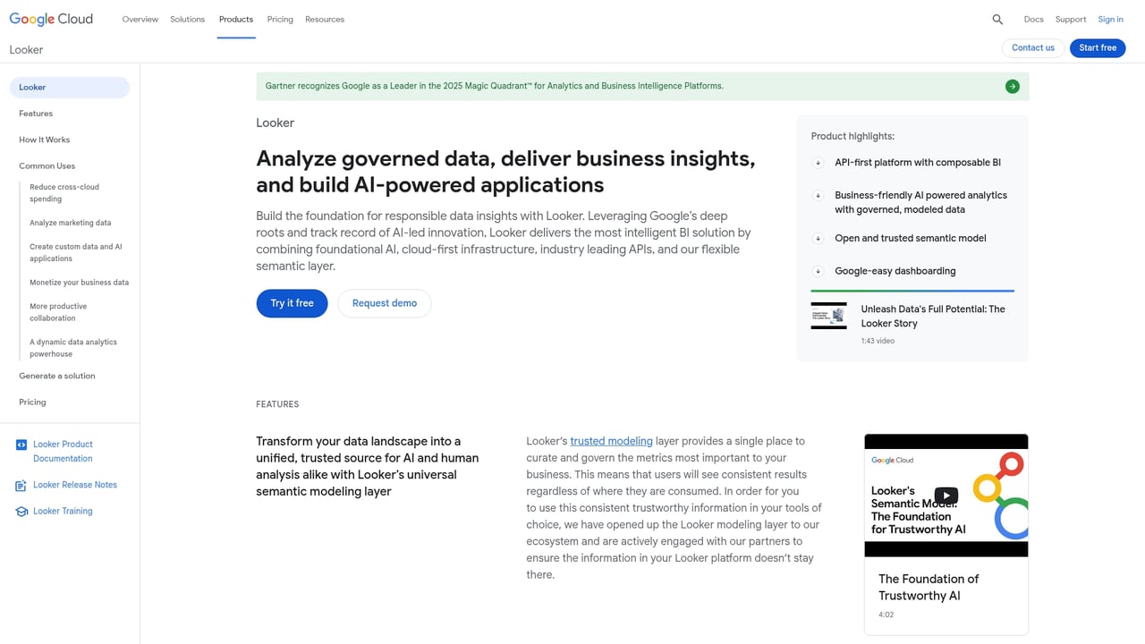 Screenshot of Looker website