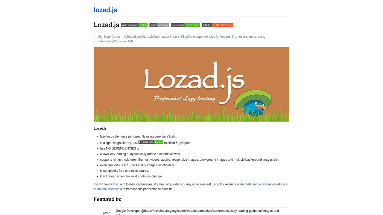 Screenshot of Lozad.js website