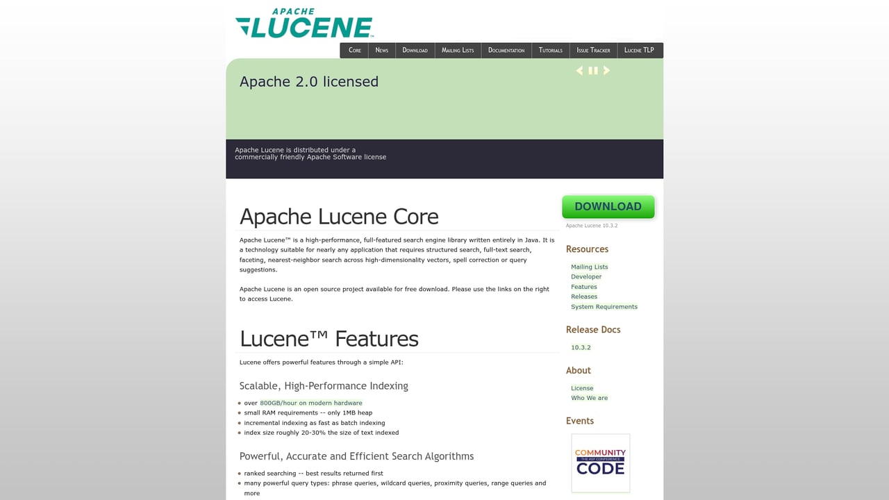 Screenshot of Lucene website