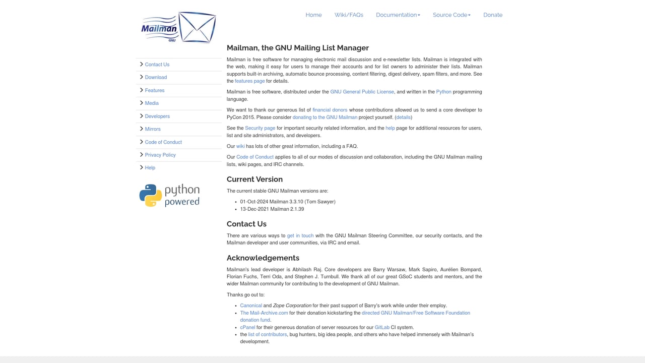 Screenshot of Mailman website