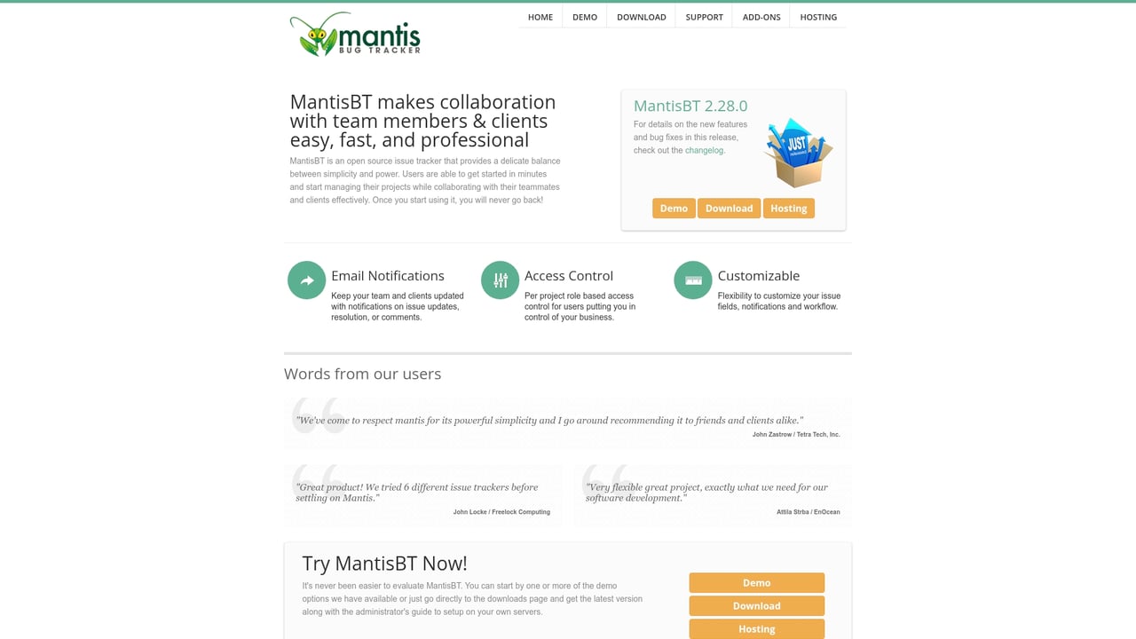 Screenshot of MantisBT website