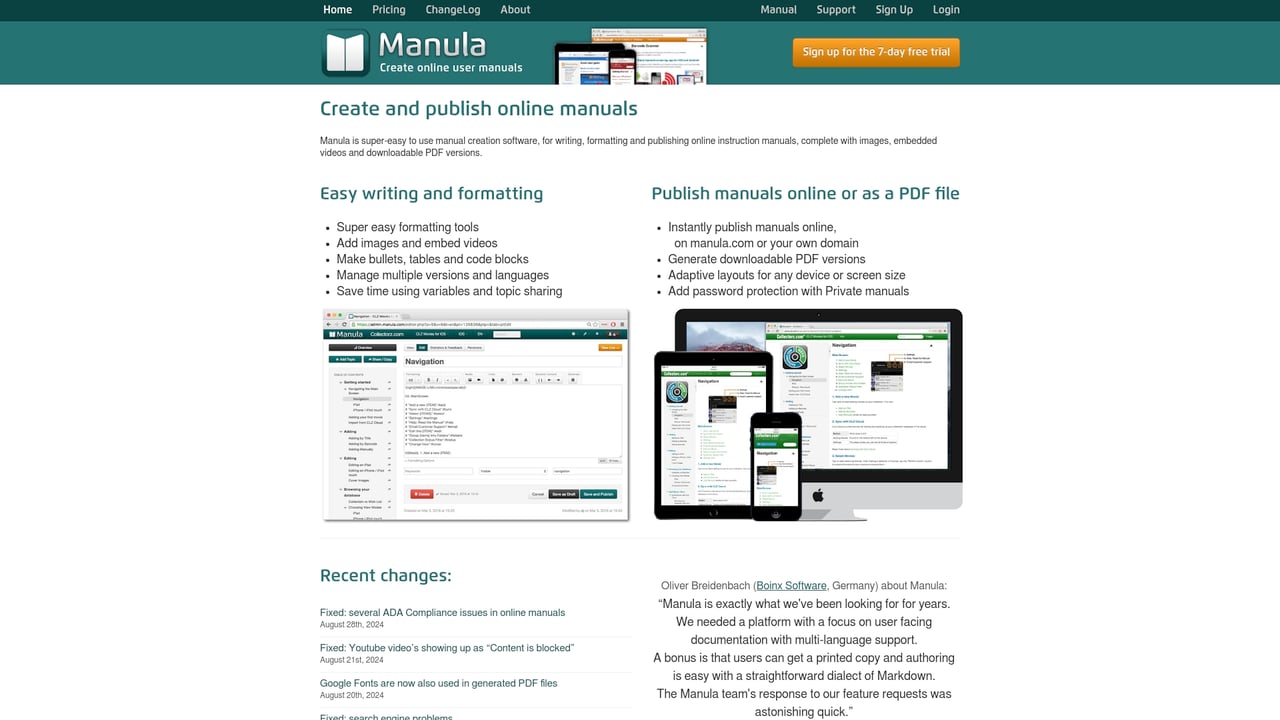 Screenshot of Manula website