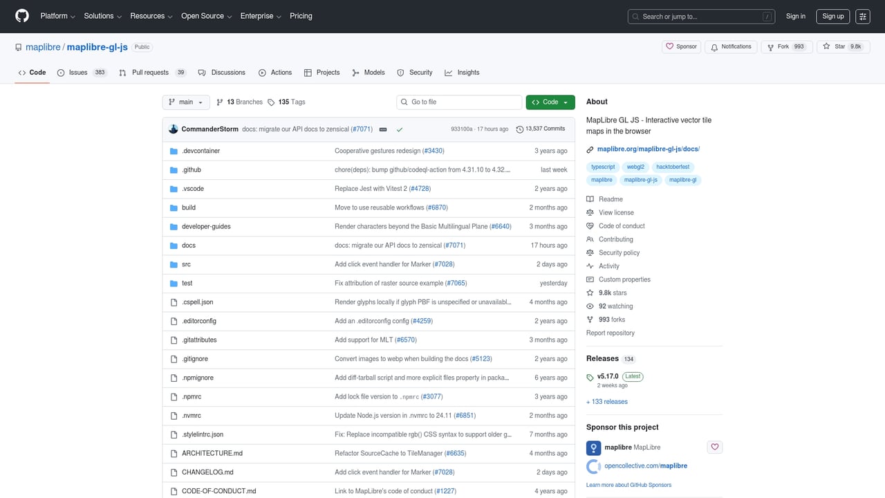Screenshot of MapLibre GL JS website