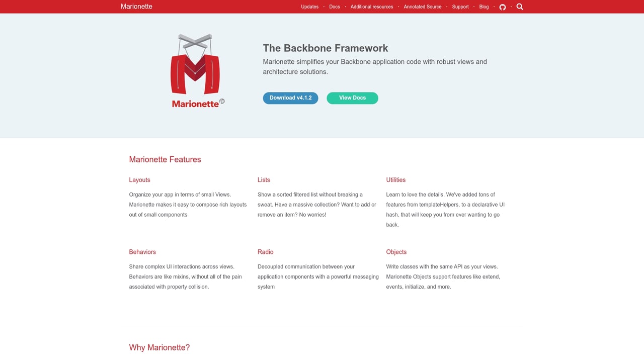 Screenshot of Marionette.js website