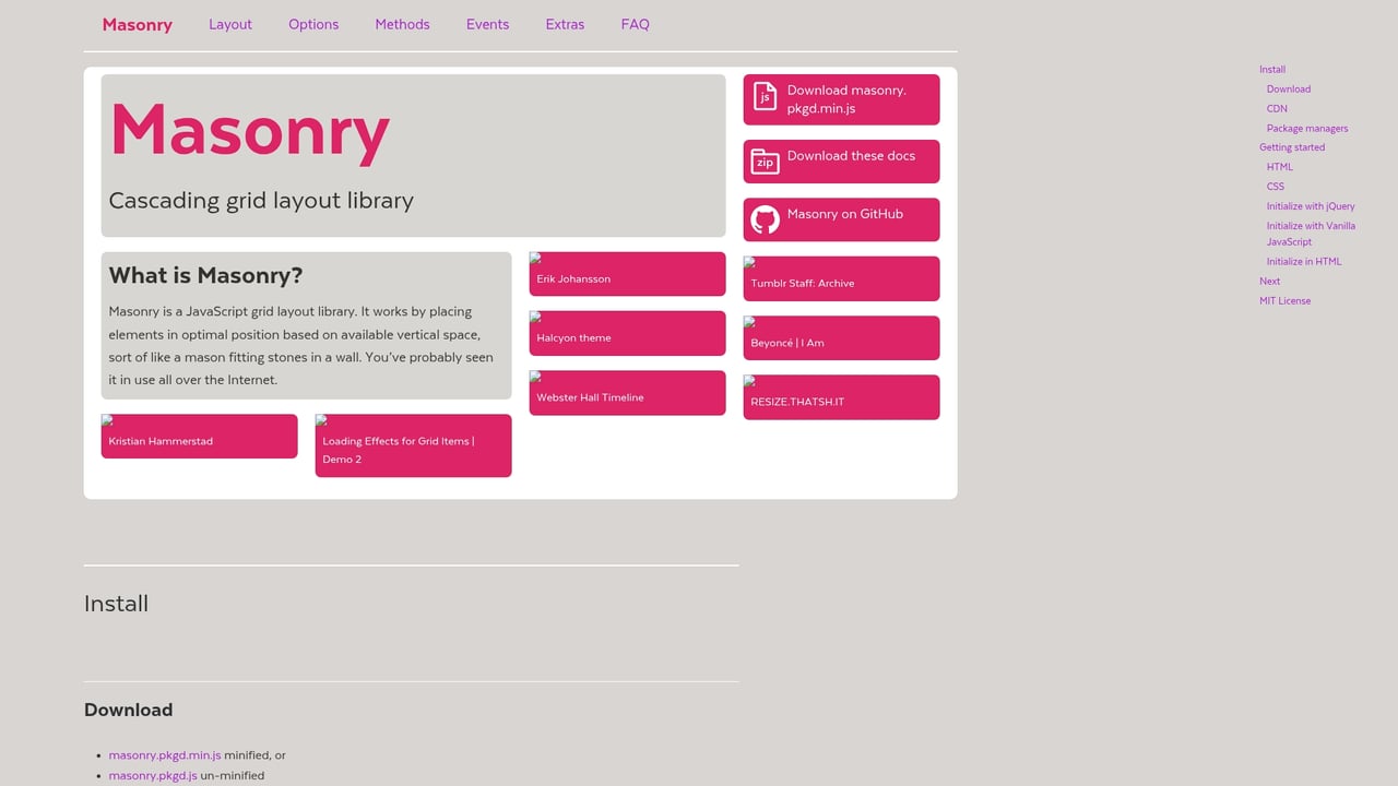 Screenshot of Masonry website