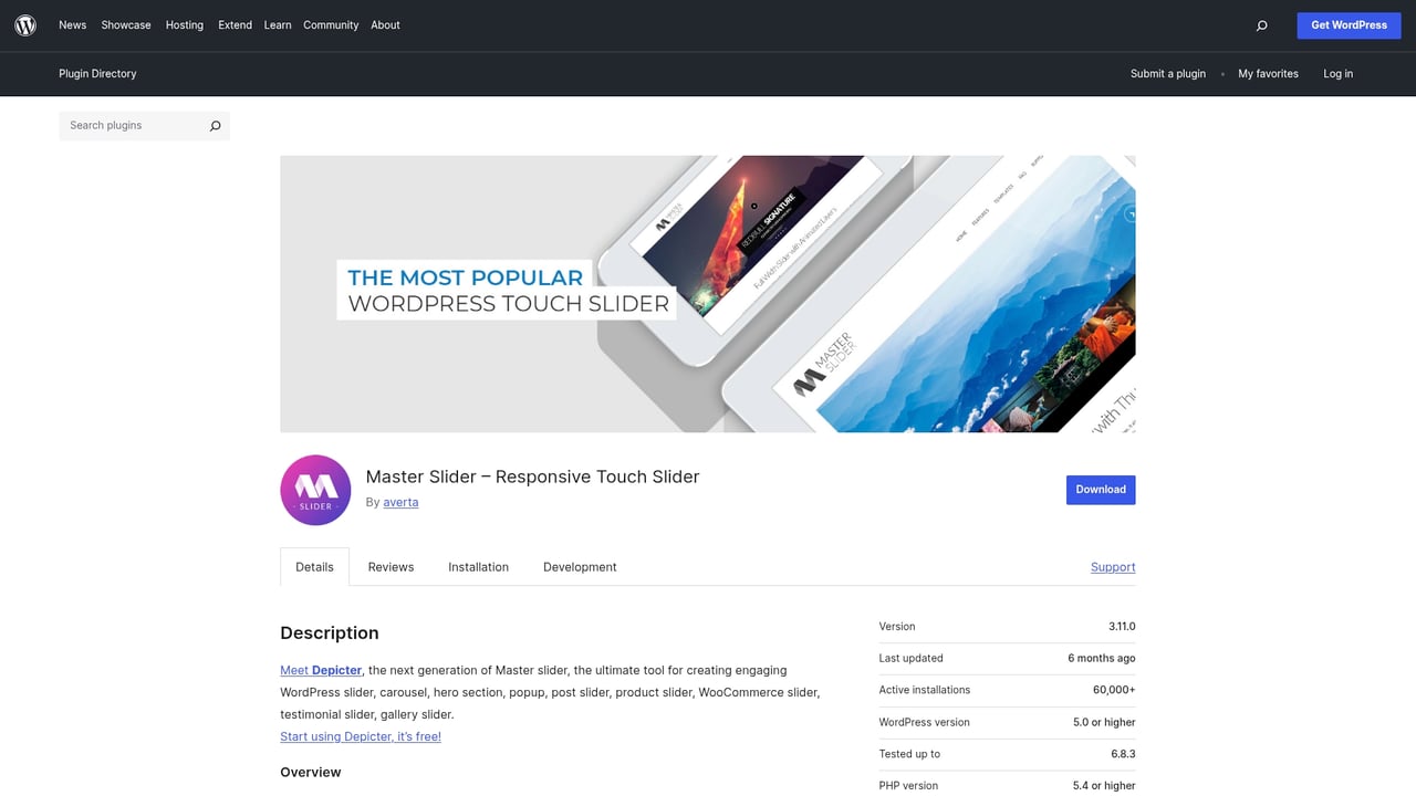Screenshot of Master Slider Plugin website