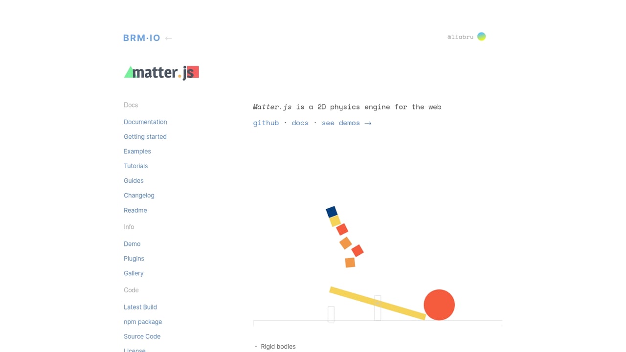 Screenshot of Matter.js website