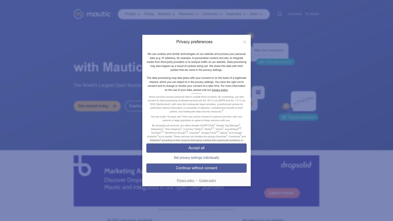 Screenshot of Mautic website