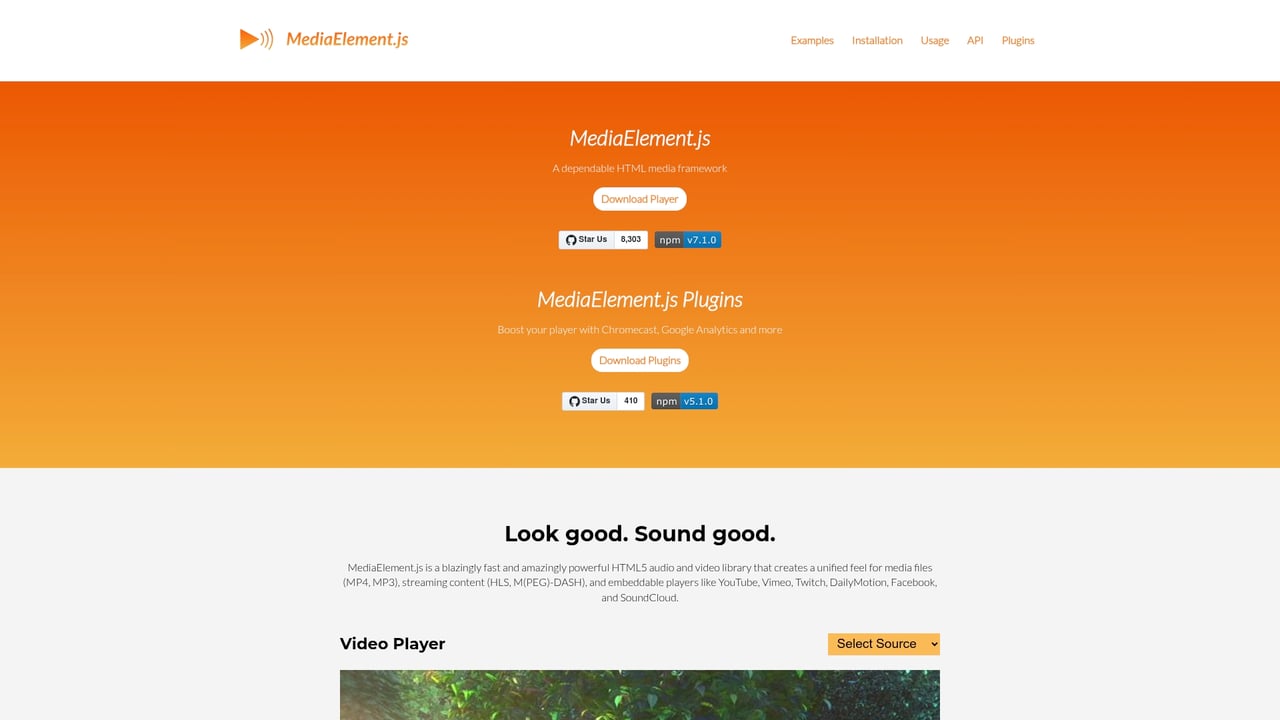 Screenshot of MediaElement.js website