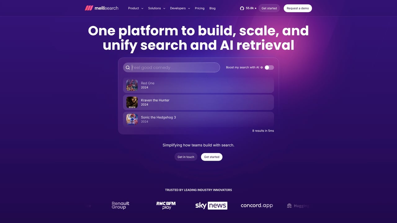 Screenshot of Meilisearch website