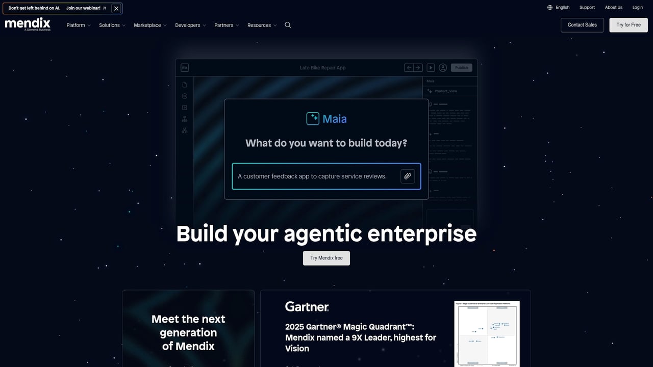 Screenshot of Mendix website