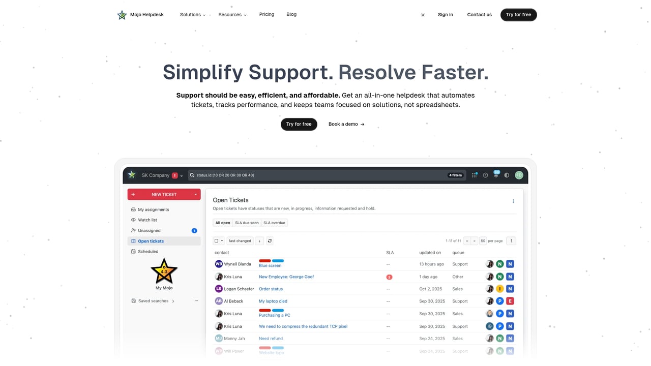 Screenshot of Mojo Helpdesk website