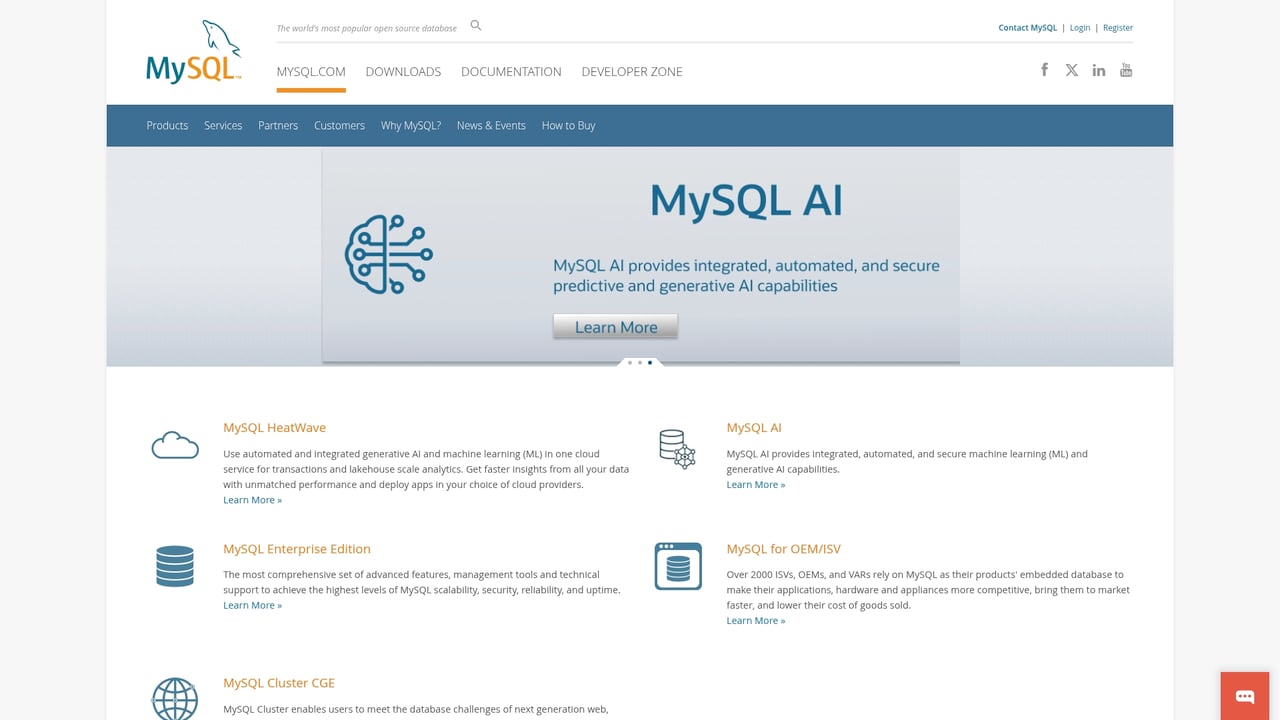 Screenshot of MySQL website