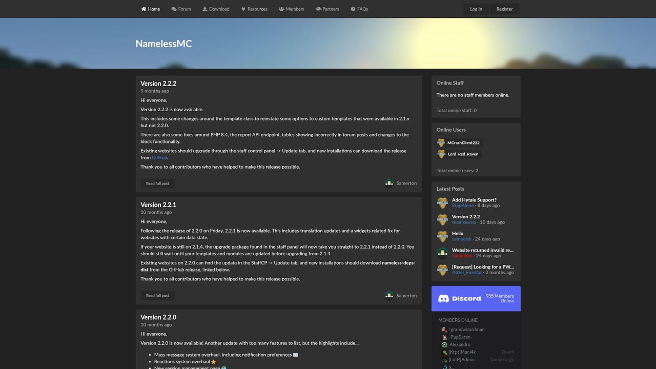 Screenshot of NamelessMC website