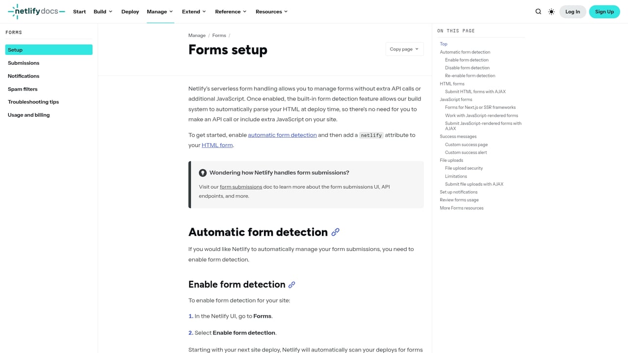 Screenshot of Netlify Forms website