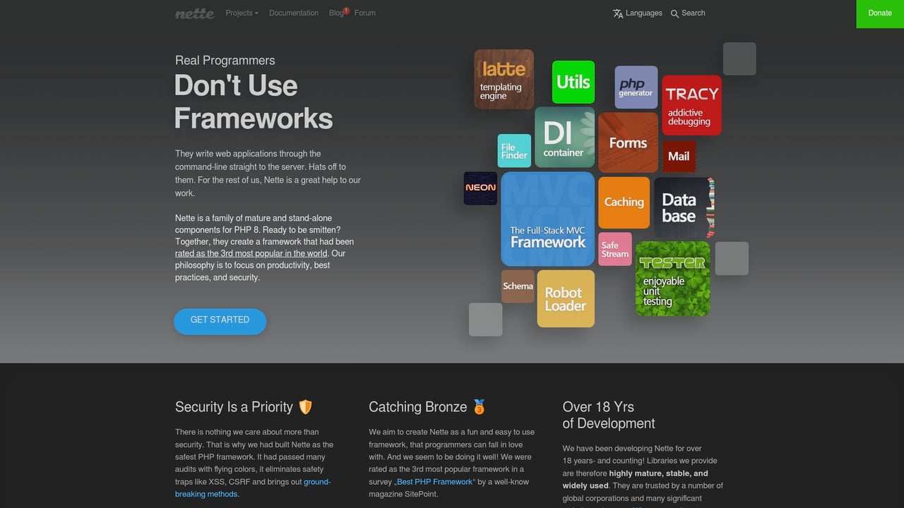 Screenshot of Nette Framework website