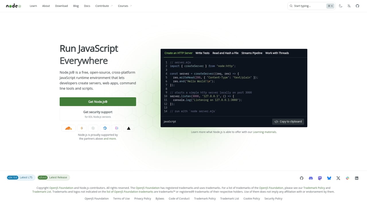 Screenshot of Node.js website