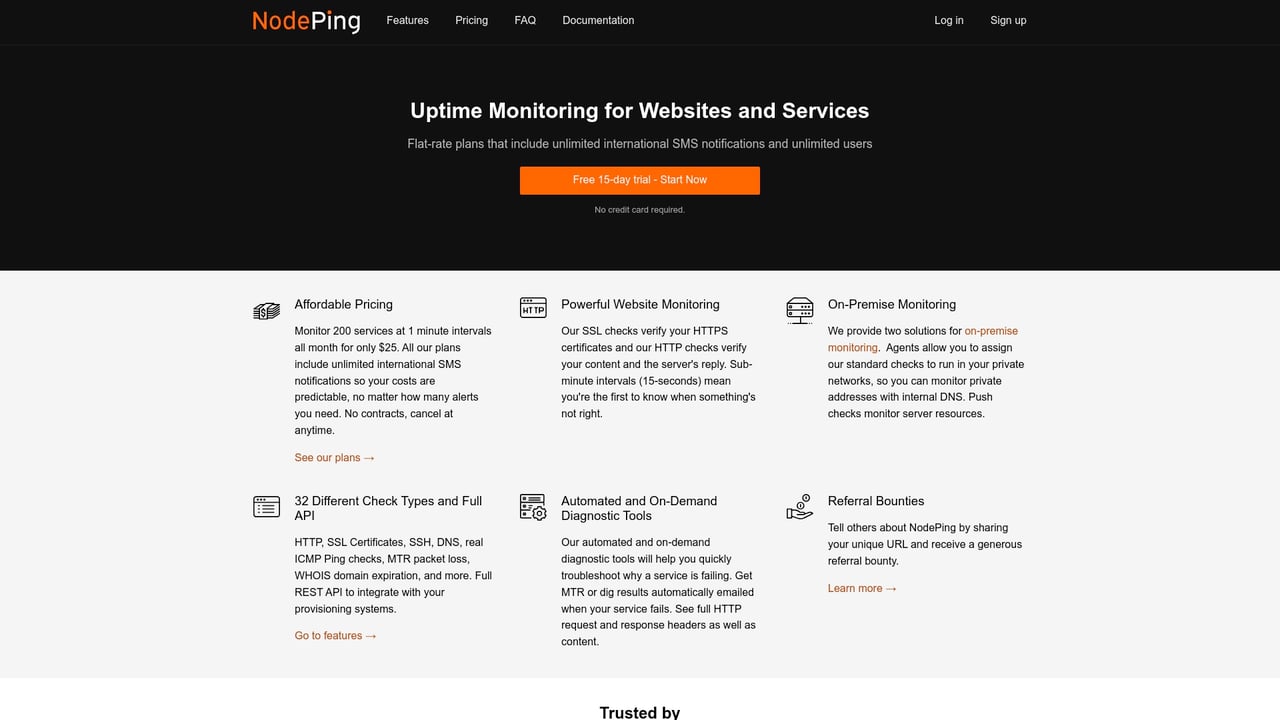 Screenshot of NodePing website