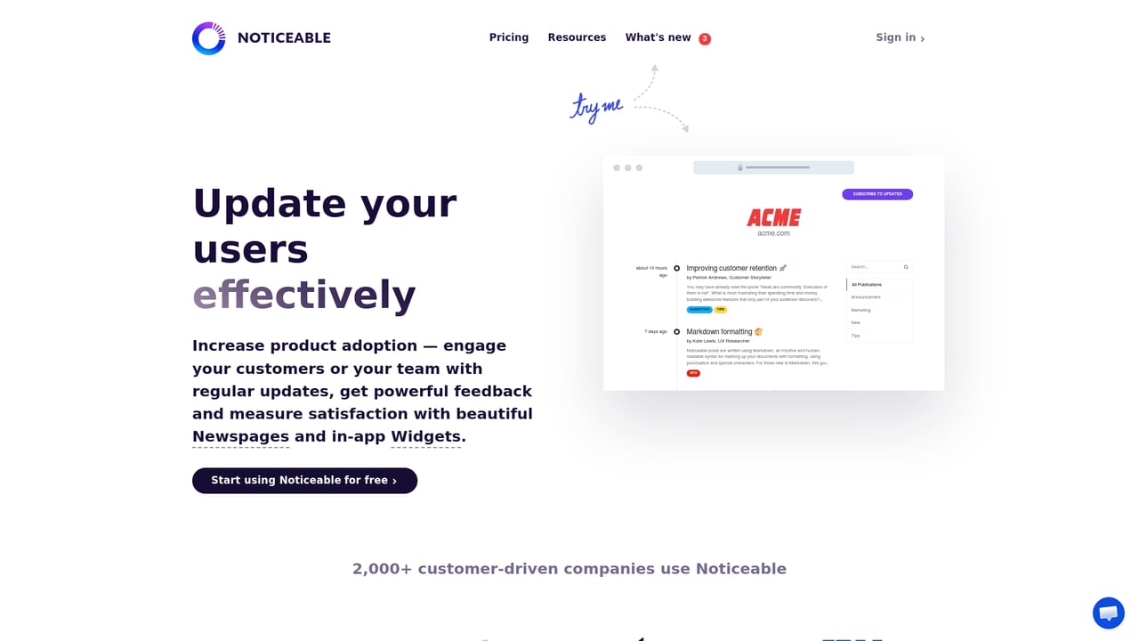 Screenshot of Noticeable website