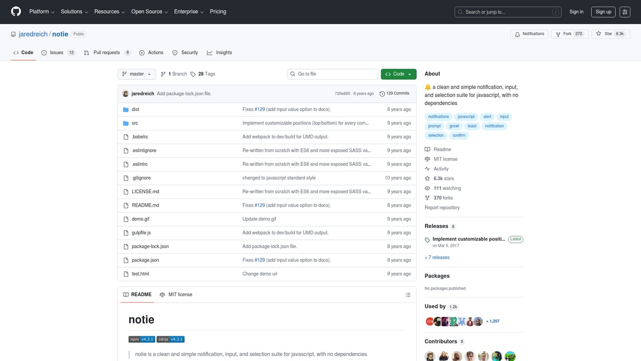 Screenshot of Notie website