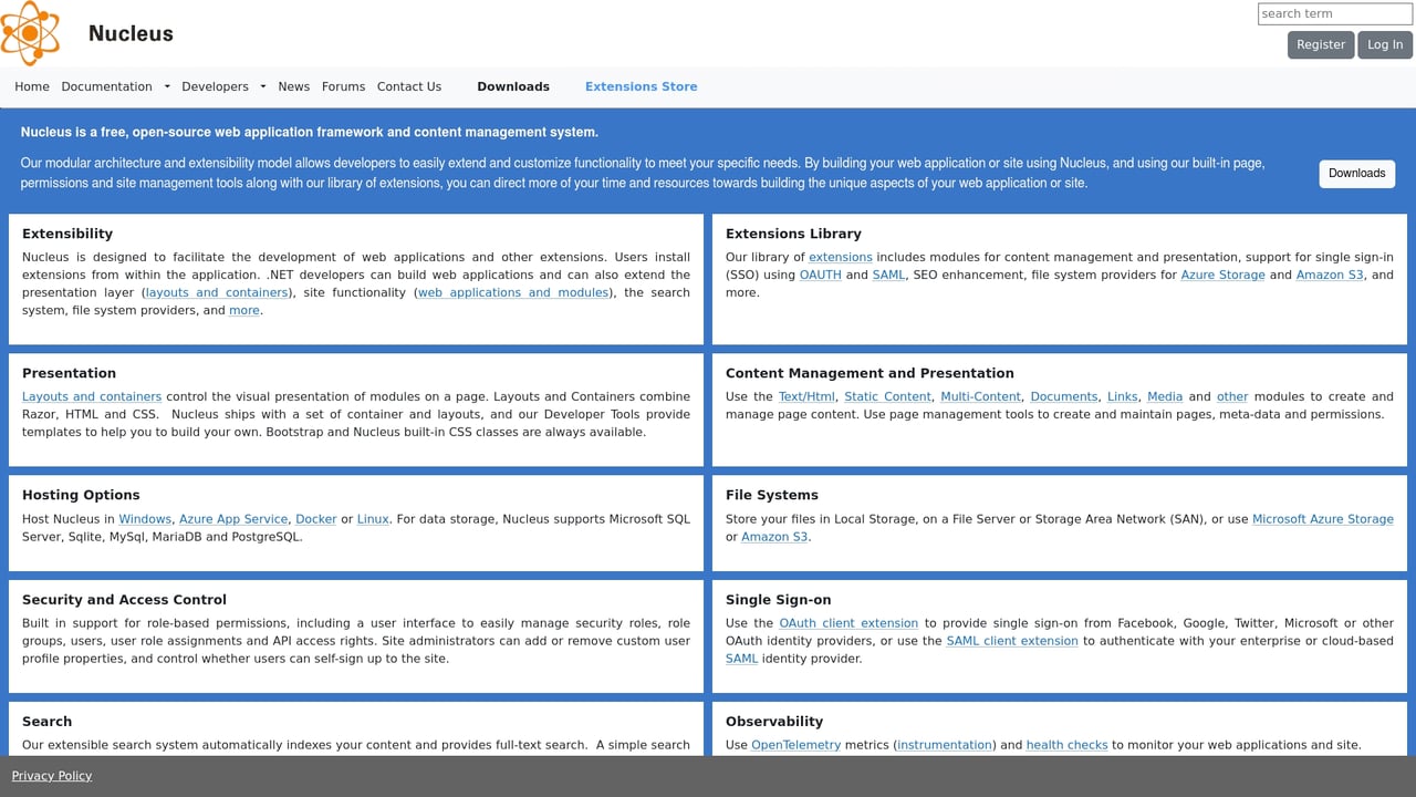 Screenshot of Nucleus CMS website