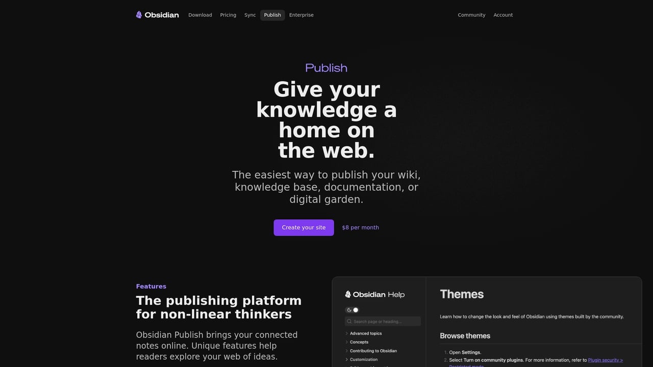 Screenshot of Obsidian Publish website