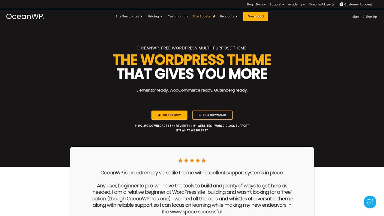 Screenshot of OceanWP website