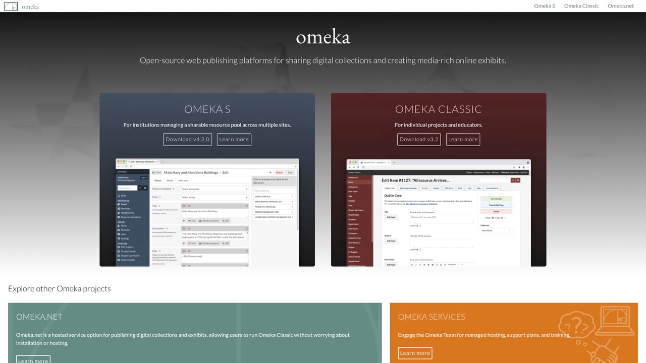 Screenshot of Omeka website