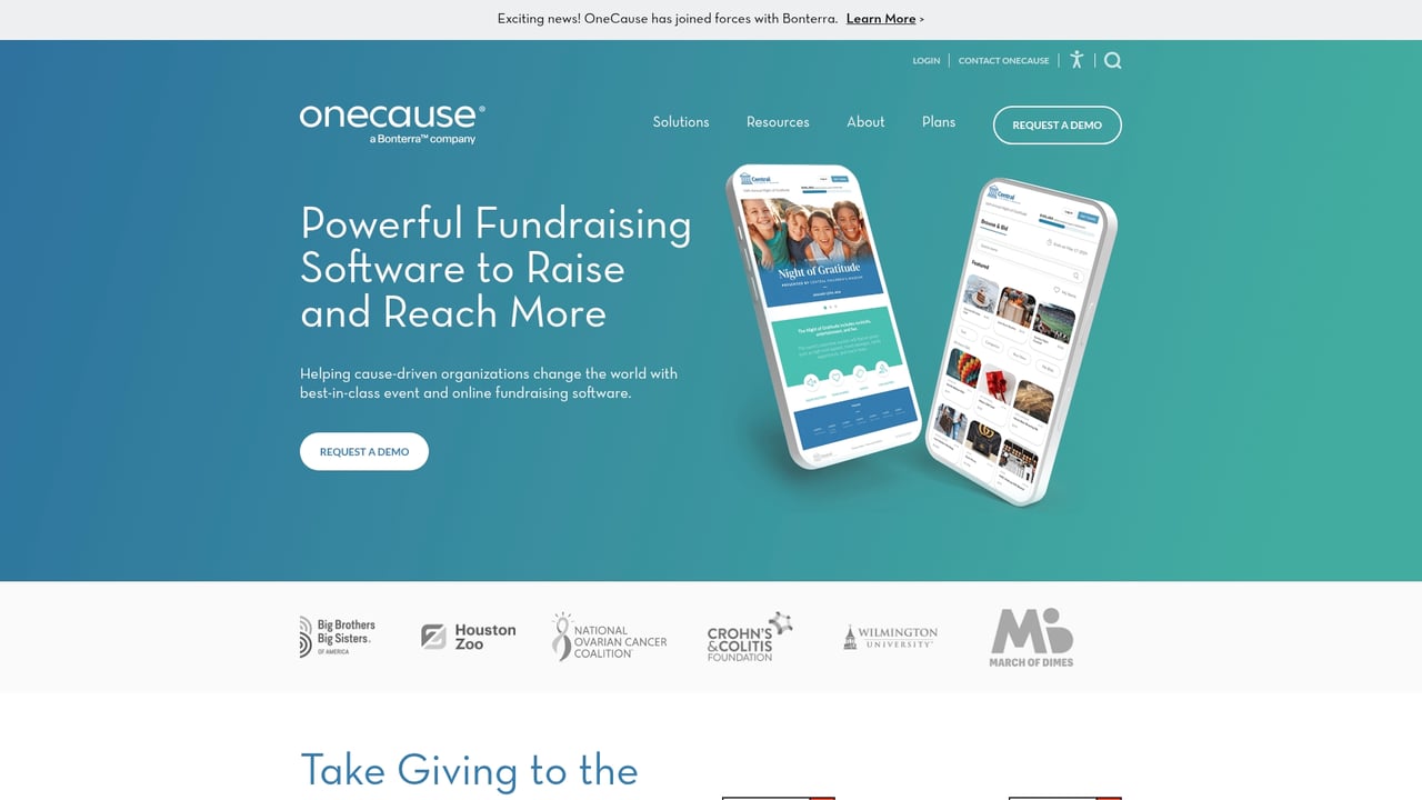 Screenshot of OneCause website